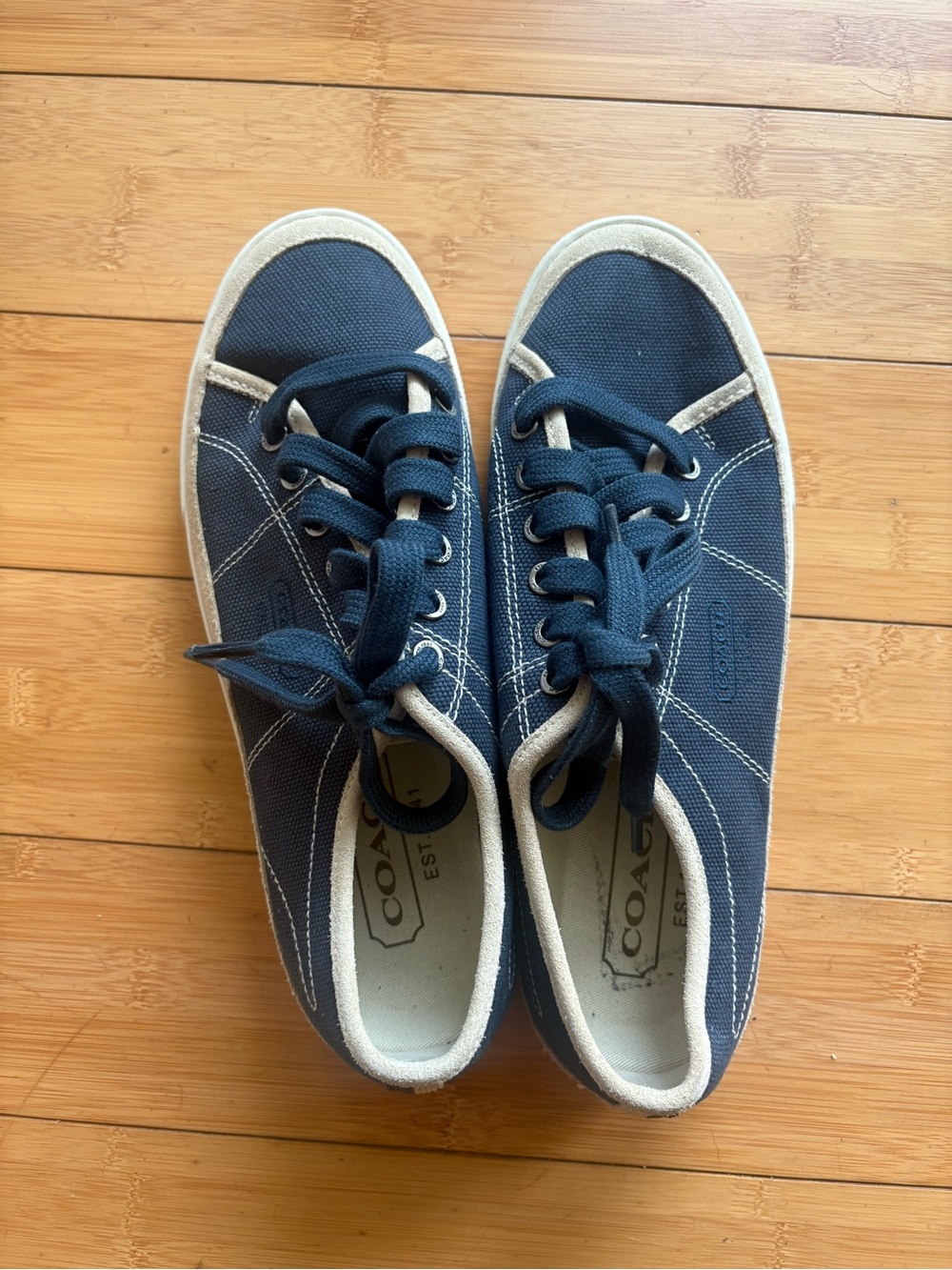 Coach Navy Canvas and Suede Lace-Up Sneakers with Cream Trim
